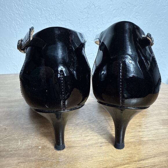 Talbots Black White Houndstooth Plaid Size 5 Heels T Strap Patent Leather EUC - Picture 6 of 9